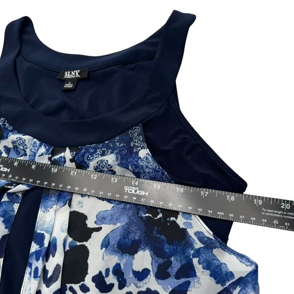 SLNY Women's Large Blue Floral Animal Print Silky High Low Sleeveless Midi Dress - Picture 7 of 9